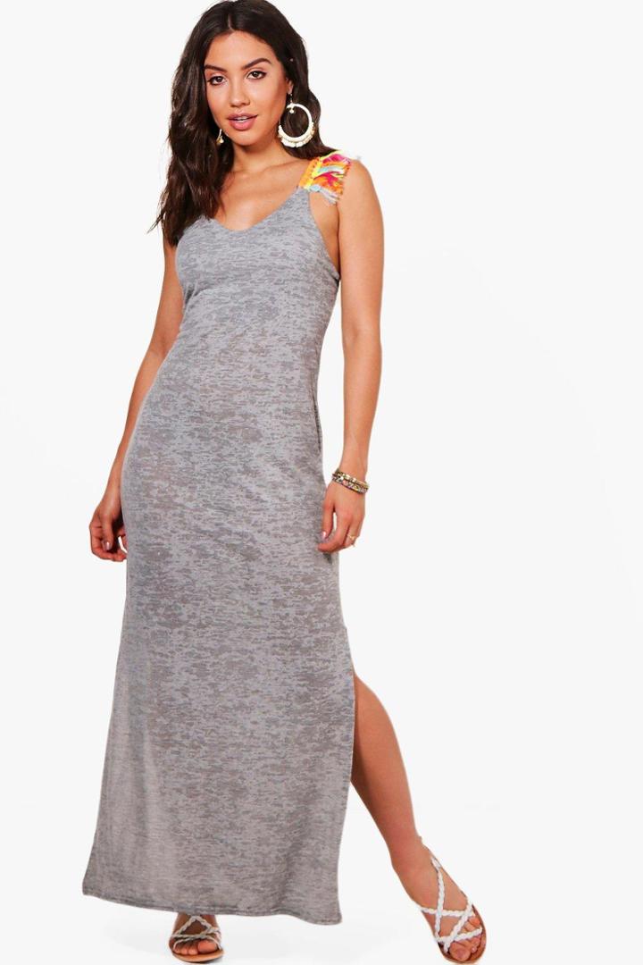 Boohoo Faye Neon Tassel Jersey Maxi Beach Dress Grey