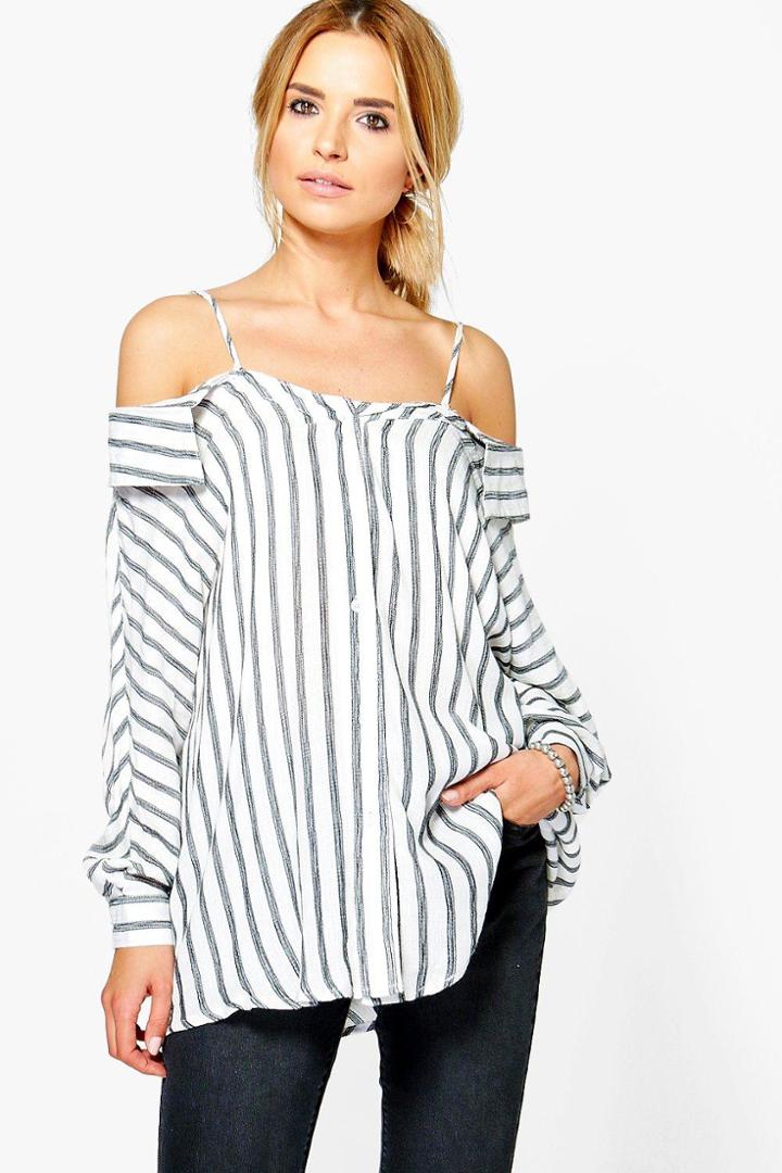 Boohoo Emily Striped Open Shoulder Shirt White