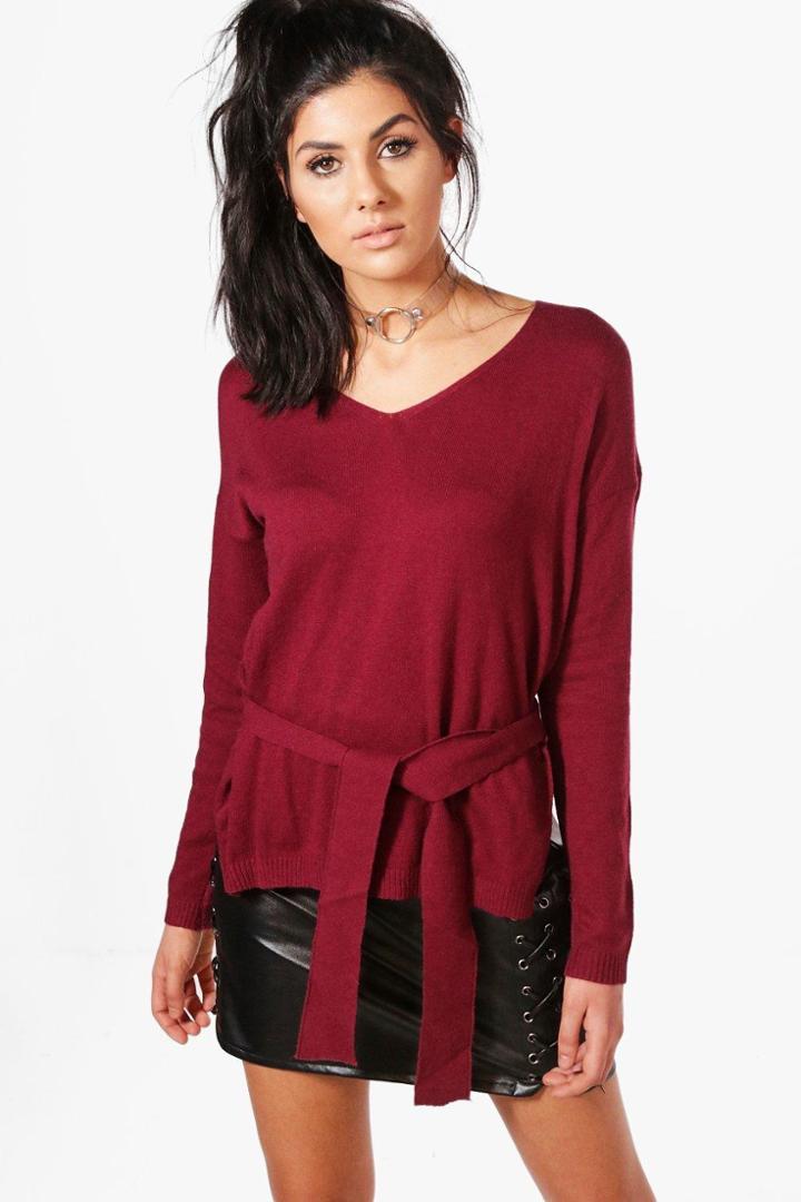 Boohoo Maisie Tie Waist Fine Knit Jumper Wine
