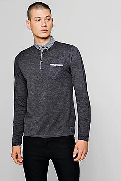 Boohoo Long Sleeve Chambray Collar Polo