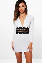 Boohoo Petite Annie Crochet Trim Waist Bodycon Dress Ivory