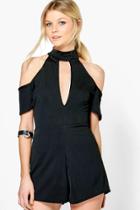 Boohoo Nia Cold Shoulder High Neck Plunge Playsuit Black