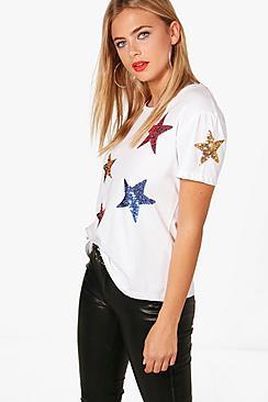 Boohoo Abi Multi Star Sequin T-shirt