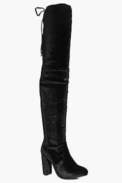 Boohoo Sadie Velvet Tie Back Over The Knee Boot