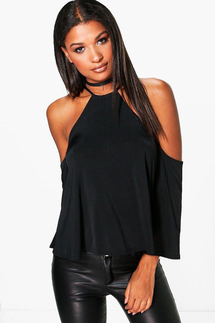 Boohoo Sophia  Slinky Cut Away Oversized Top Black