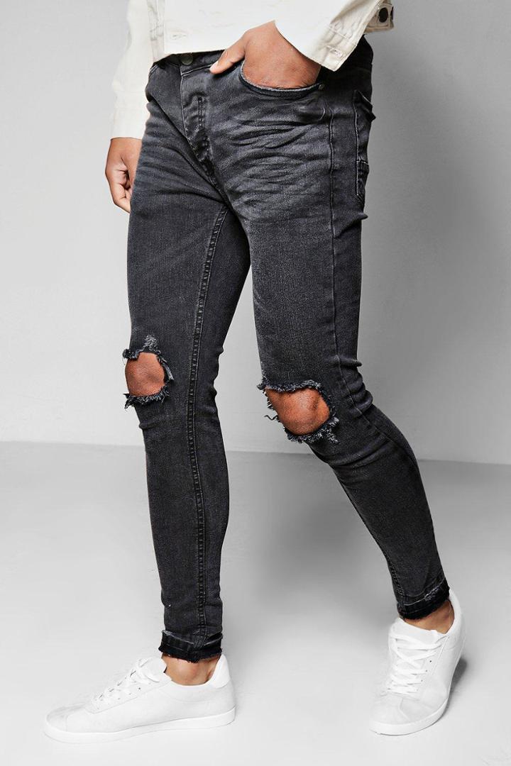 Boohoo Skinny Fit Raw Edge Jeans With Open Knee Rips Black