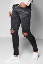 Boohoo Skinny Fit Raw Edge Jeans With Open Knee Rips Black