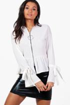 Boohoo Poppy Peplum Hem Tie Sleeve Jacket Ivory