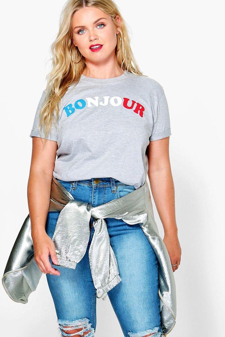 Boohoo Plus Kim Bonjour Slogan Tee Grey