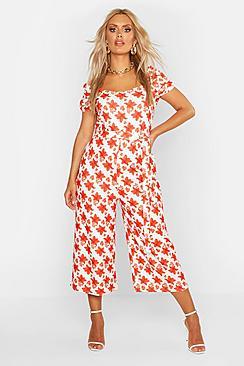 Boohoo Plus Floral Square Neck Self Belt Culotte Jumpsuit