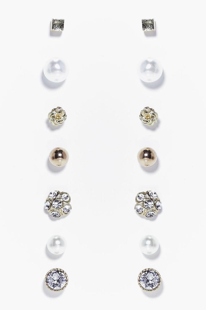 Boohoo Louise Diamante & Pearl Stud Earring Set Gold