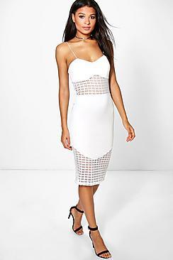 Boohoo Grace Grid Mesh Insert Midi Dress