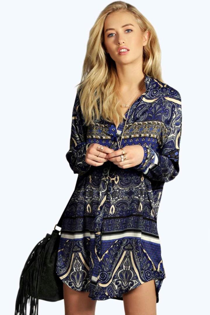 Boohoo Ana Woven Paisley Print Shirt Dress Blue
