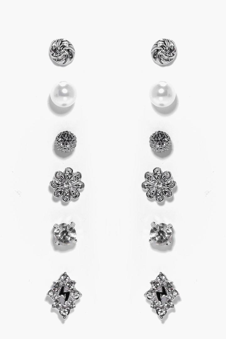 Boohoo Nina Diamante Stud Earring Set Silver