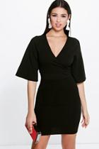 Boohoo Maddy Wrap Front Kimono Sleeve Bodycon Dress Black