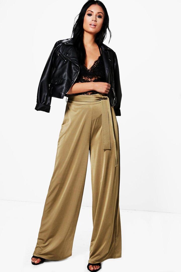 Boohoo Neri Highwaist Belted Wide Leg Trousers Olive