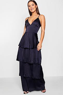 Boohoo Petite Jade Satin Tiered Maxi Dress