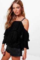 Boohoo Heidi Pom Pom Trim Cold Shoulder Top Black