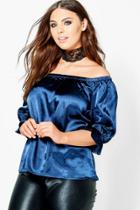 Boohoo Plus Kate Satin Off The Shoulder Top Navy