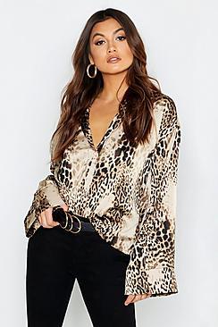 Boohoo Leopard Print Satin Wide Sleeve Shirt