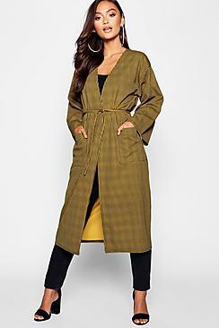 Boohoo Petite Dogtooth Tie Detail Longline Duster