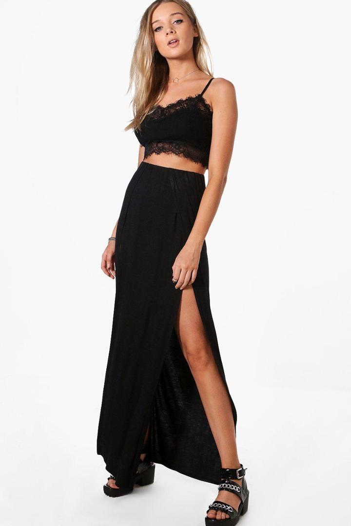 Boohoo Gisella Plain Double Split Front Maxi Skirt Black