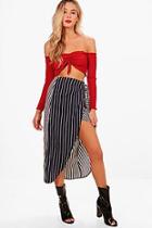 Boohoo Jasmin Mixed Stripe And Wrap Woven Midi Skirt