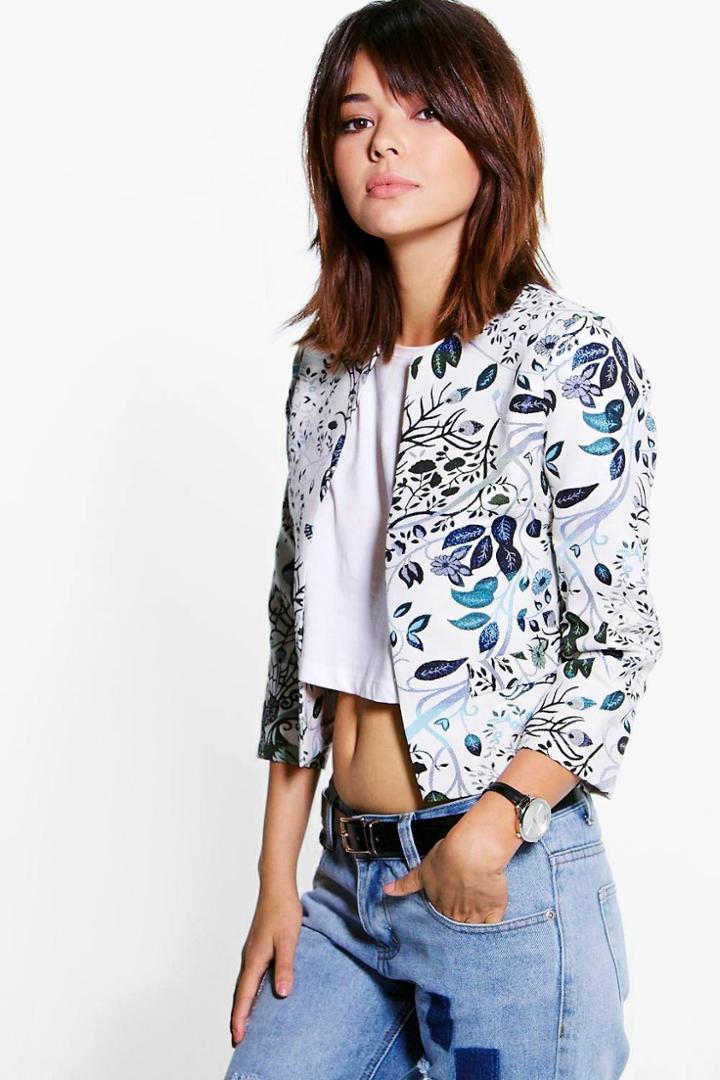 Boohoo Amelie Jacquard Crop Jacket Blue