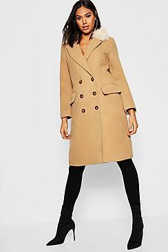 Boohoo Tall Faux Fur Collar Double Breasted Wool Look Coat