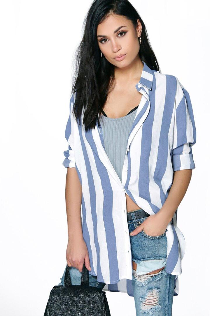 Boohoo Enya Bold Stripe Oversized Shirt - Blue
