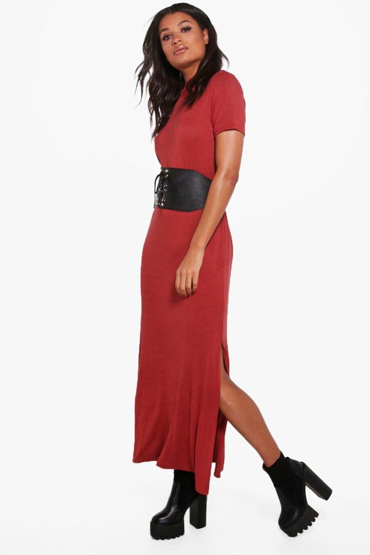 Boohoo Wendy Side Splits T-shirt Maxi Dress Cinnamon