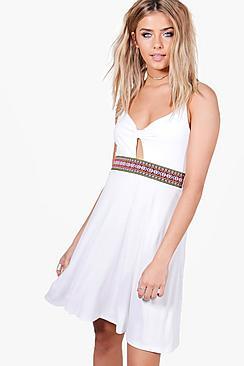 Boohoo Millie Aztec Trim Strappy Skater Dress