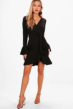 Boohoo Frill Sleeve Tie Waist Ruffle Hem Tea Dress