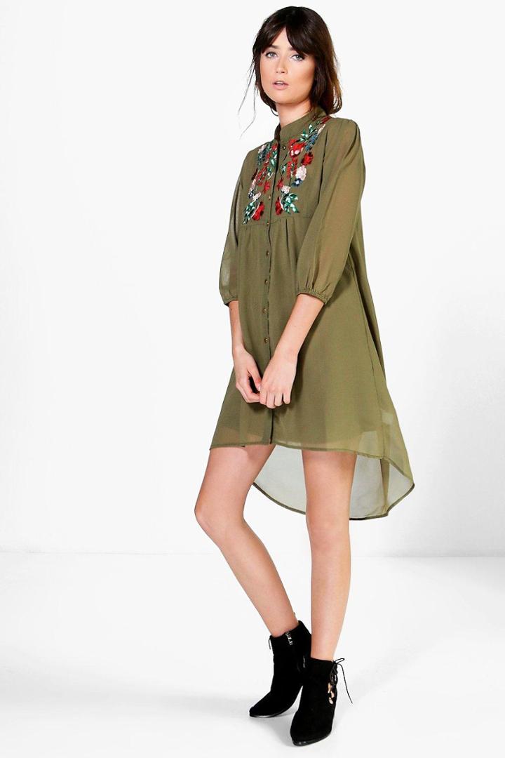 Boohoo Yasmin Embroidered Shirt Dress Khaki