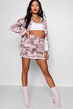 Boohoo Helen Pink Washed Camo Denim Skirt