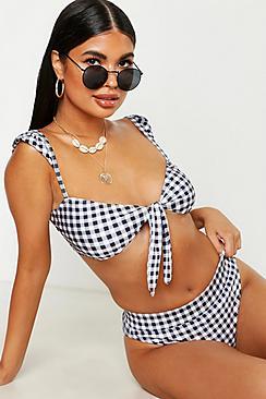 Boohoo Petite Gingham Cap Sleeve Tie Front Bikini