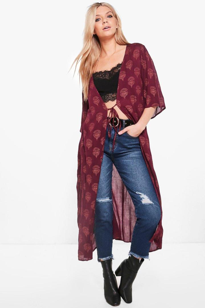 Boohoo Melissa Metallic Print Maxi Tie Front Kimono Wine