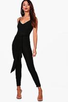 Boohoo Petite Tie Waist Strappy Jumpsuit