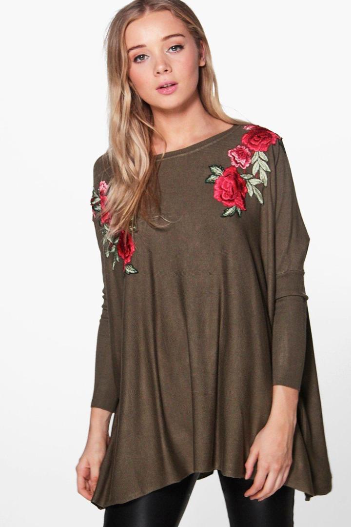 Boohoo Emma Embroidery Knitted Batwing Top Khaki