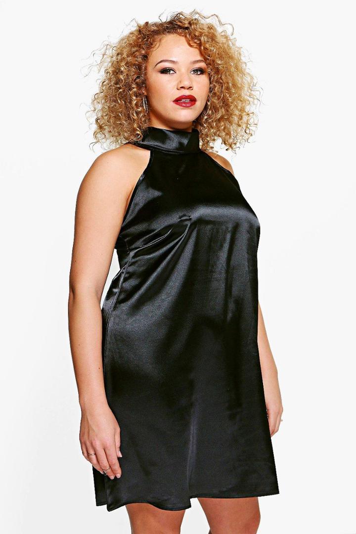 Boohoo Plus Layla High Neck Satin Shift Dress Black