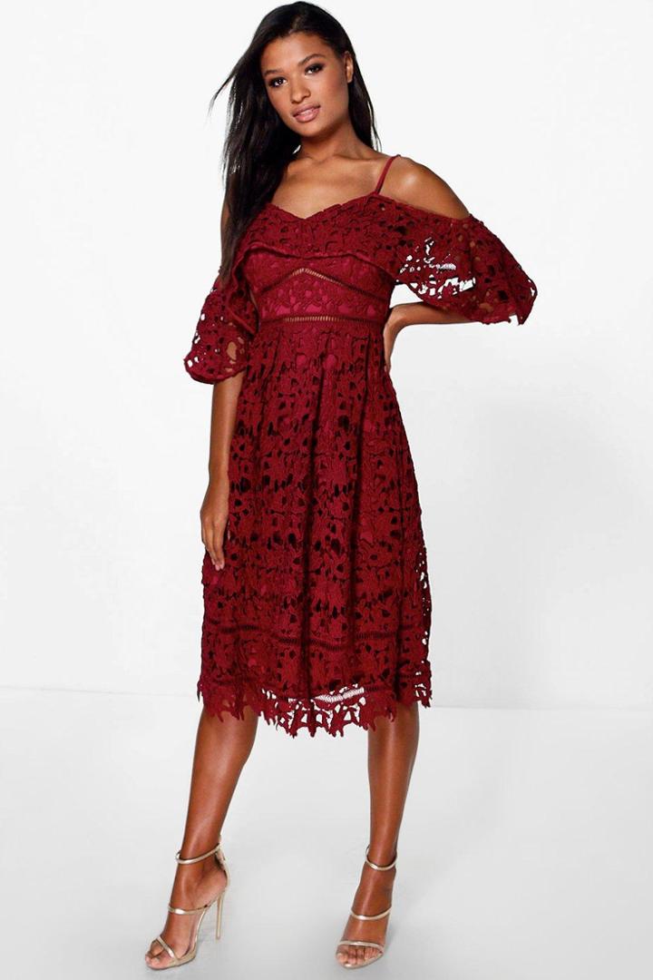 Boohoo Boutique Emma Open Shoulder Skater Dress Berry