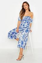 Boohoo Petite Off The Shoulder Porcelain Print Jumpsuit