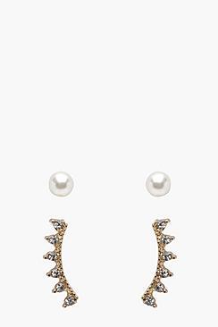 Boohoo Millie Diamante Ear Cuffs And Pearl Studs Set