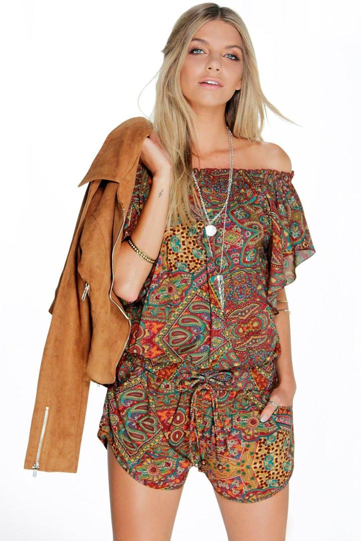 Boohoo Olivia Off The Shoulder Ruffle Paisley Playsuit Brown