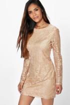Boohoo Aleesha Metallic Lace Bodycon Dress Gold