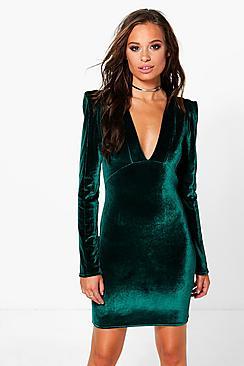 Boohoo Velvet Plunge Neck Bodycon Dress