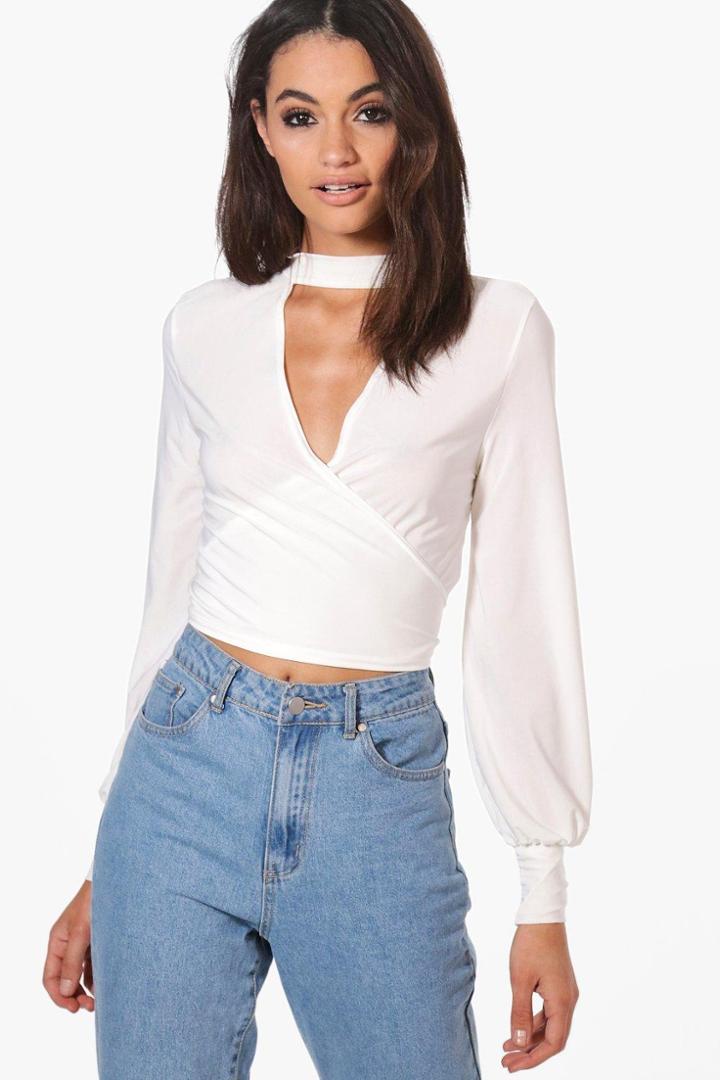 Boohoo Isla Slinky Cut Out Wrap Crop Cream