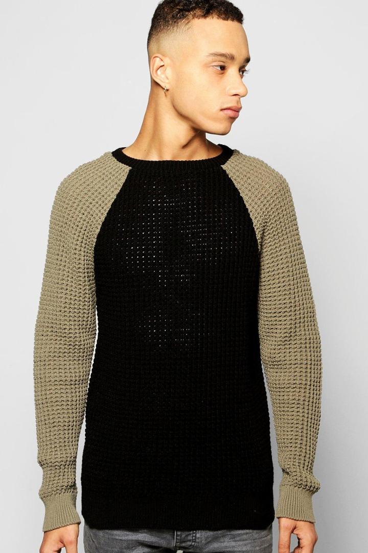 Boohoo Waffle Stitch Raglan Sleeve Colour Blocked Jumper Black
