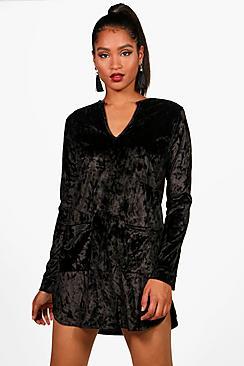 Boohoo Ava Crushed Velvet Pocket Shirt Dress