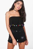 Boohoo Julia Pom Pom Trim Bandeau Ruffle Top Black